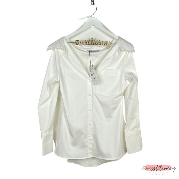 🆕 NWT ZARA Women’s Minimalist Wide Neck Off-Shoulder Collared Button Blouse SM - Picture 2 of 12